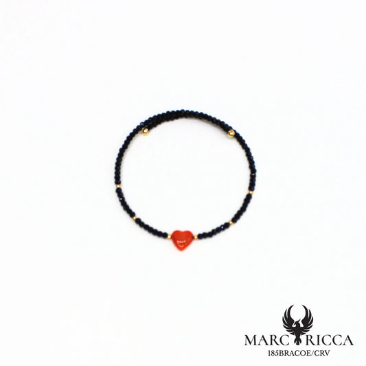 Bracelet jonc cristal noir et cœur en corail