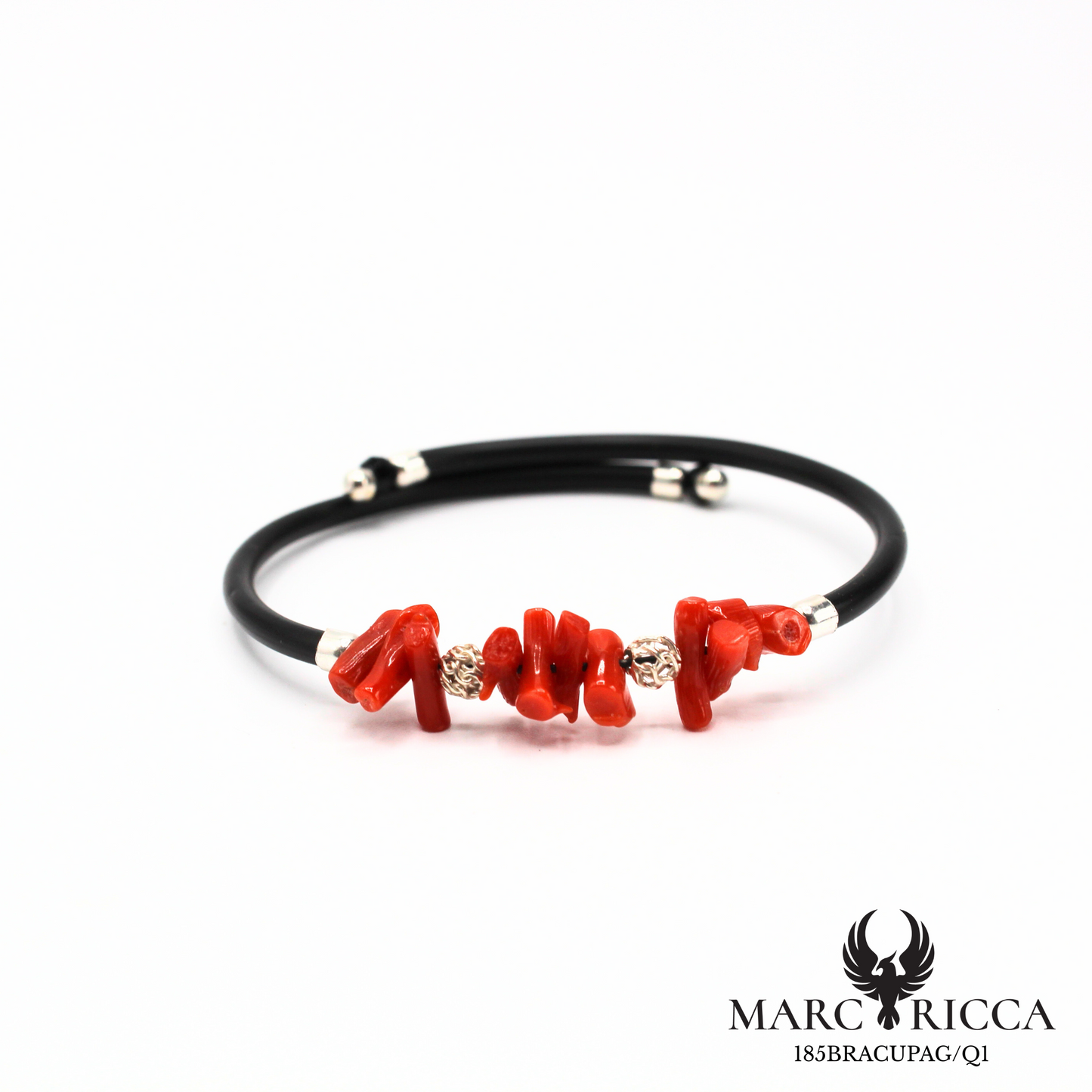 Bracelet jonc caoutchouc avec corail cupolino et perles en argent