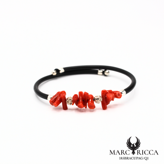 Bracelet jonc caoutchouc avec corail cupolino et perles en argent