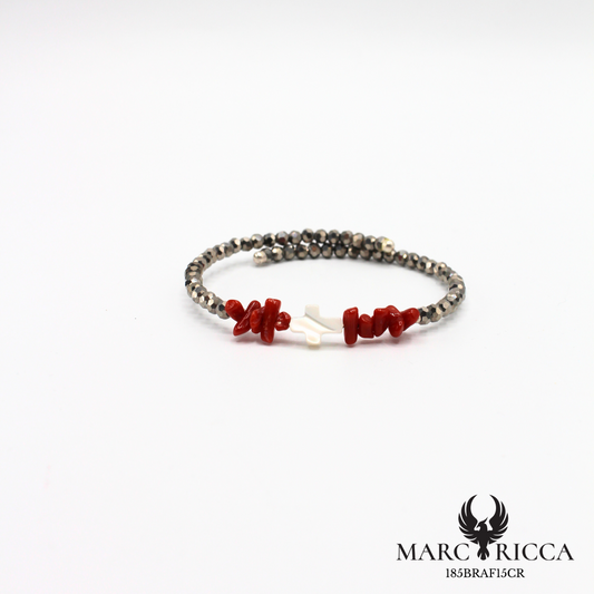 Bracelet jonc en cristal avec croix en nacre et corail