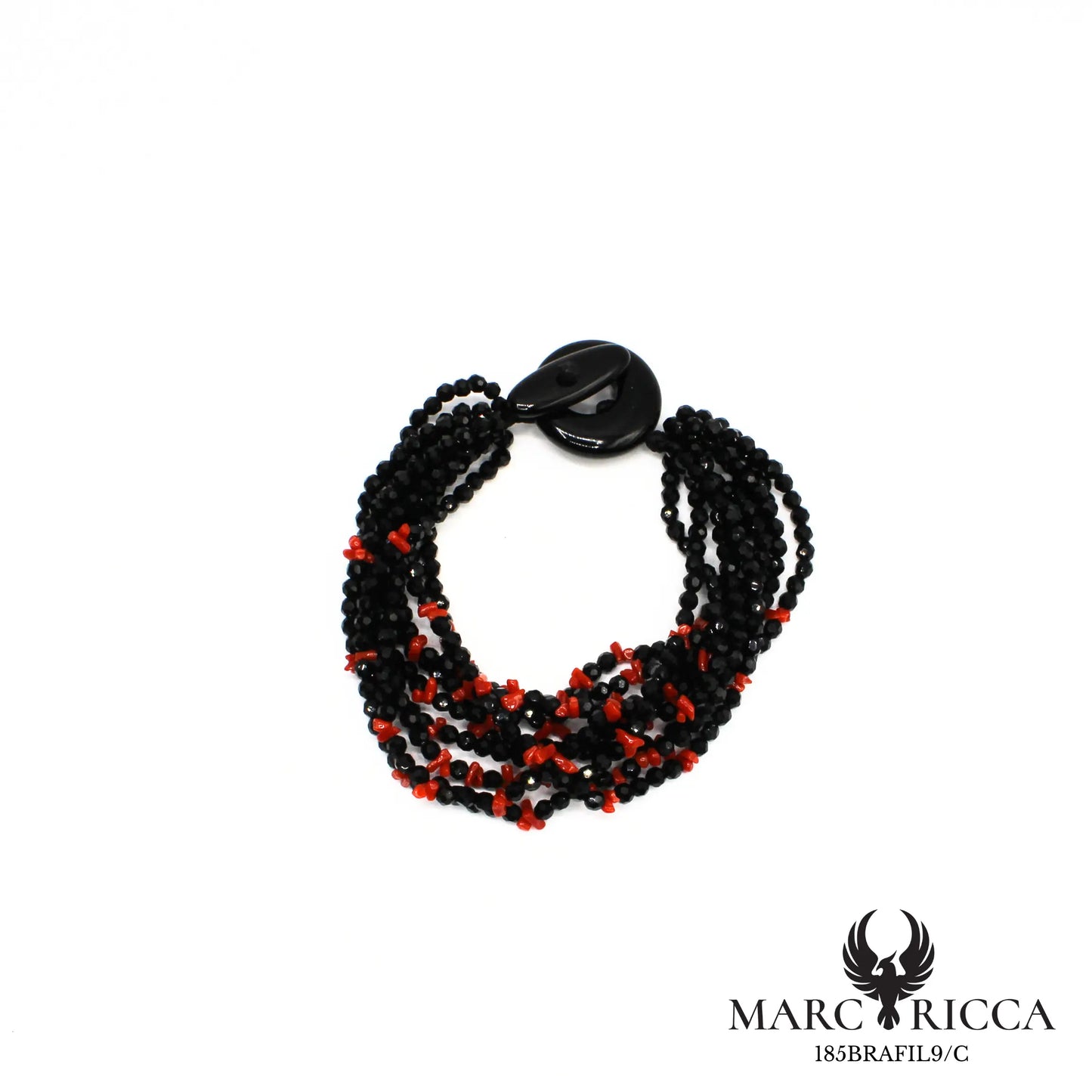 Bracelet cristal noir et corail cupolino 9 rangs