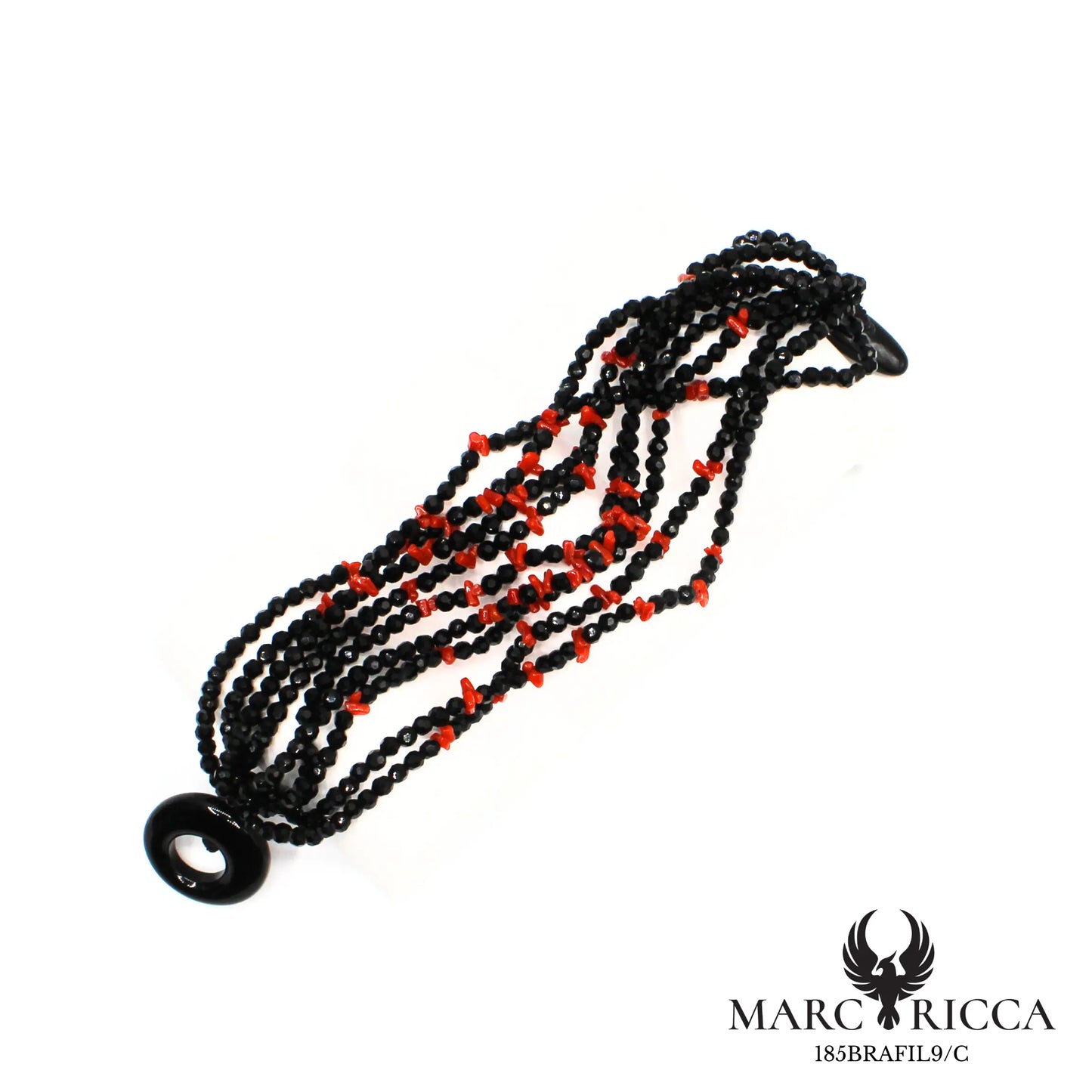 Bracelet cristal noir et corail cupolino 9 rangs