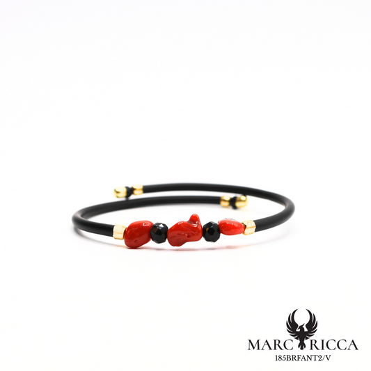 Bracelet en caoutchouc corail, cristal noir et vermeil