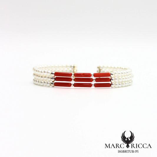 Bracelet jonc 3 rangs perles nacrées et tubes de corail