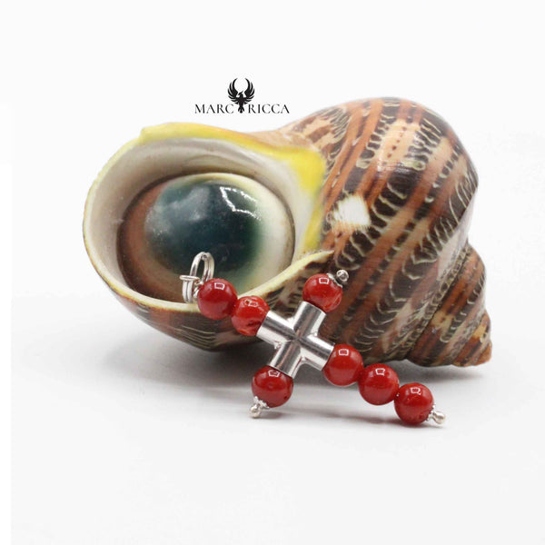 Pendentif En Argent 925 Avec Corail Rouge Naturel - Croix - Delmaoro - Neuf Avec étiquettes