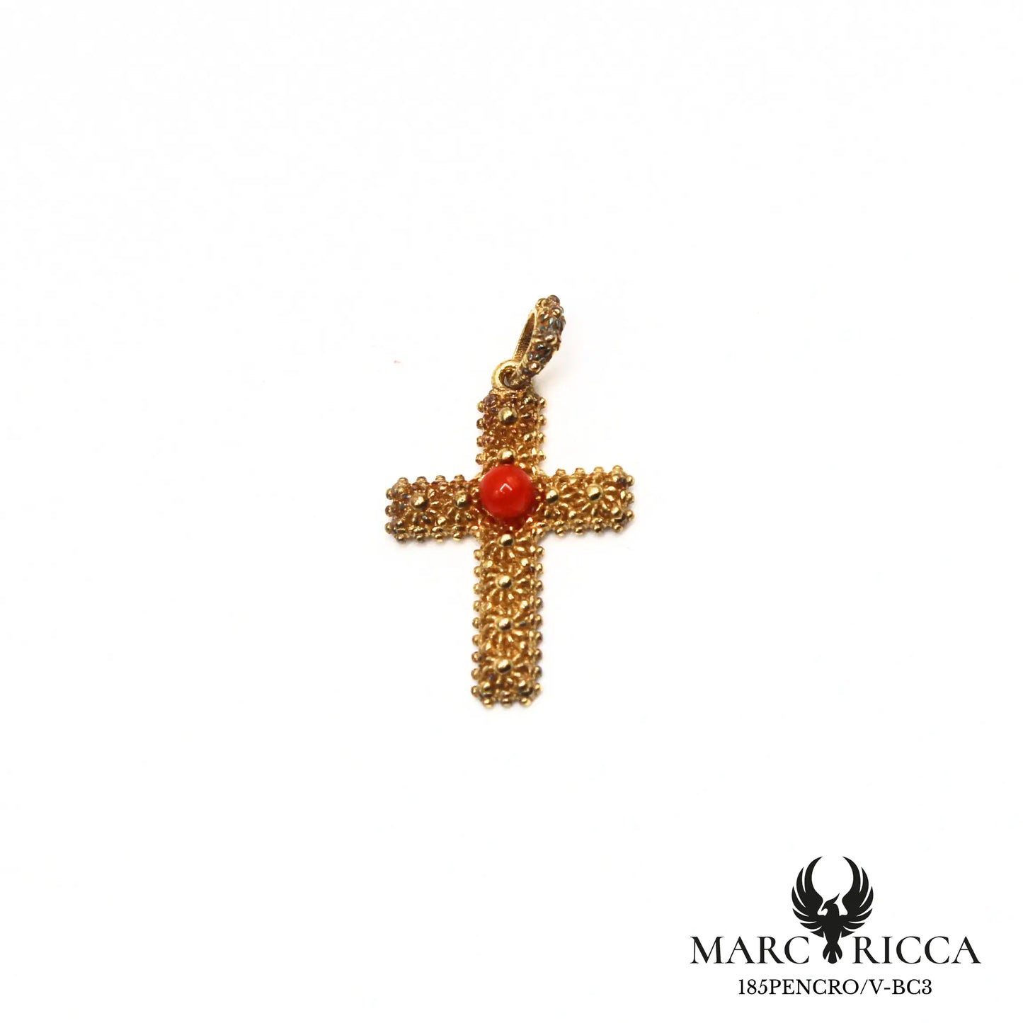 Pendentif croix filigranée sarde perle de corail en vermeil