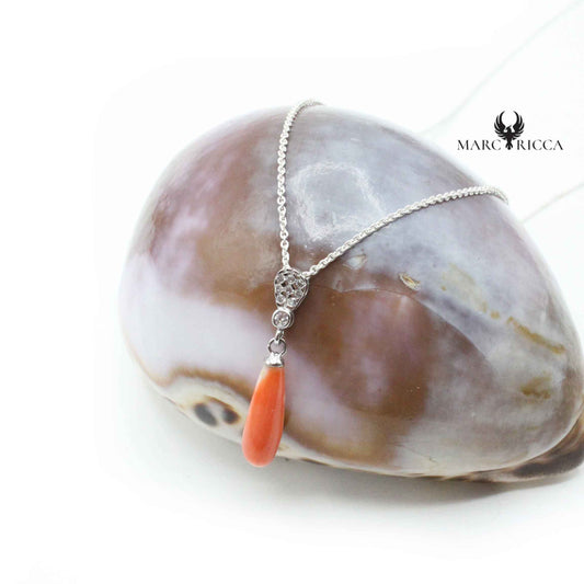 Pendentif Argent Goutte Corail Rose et Zirconium