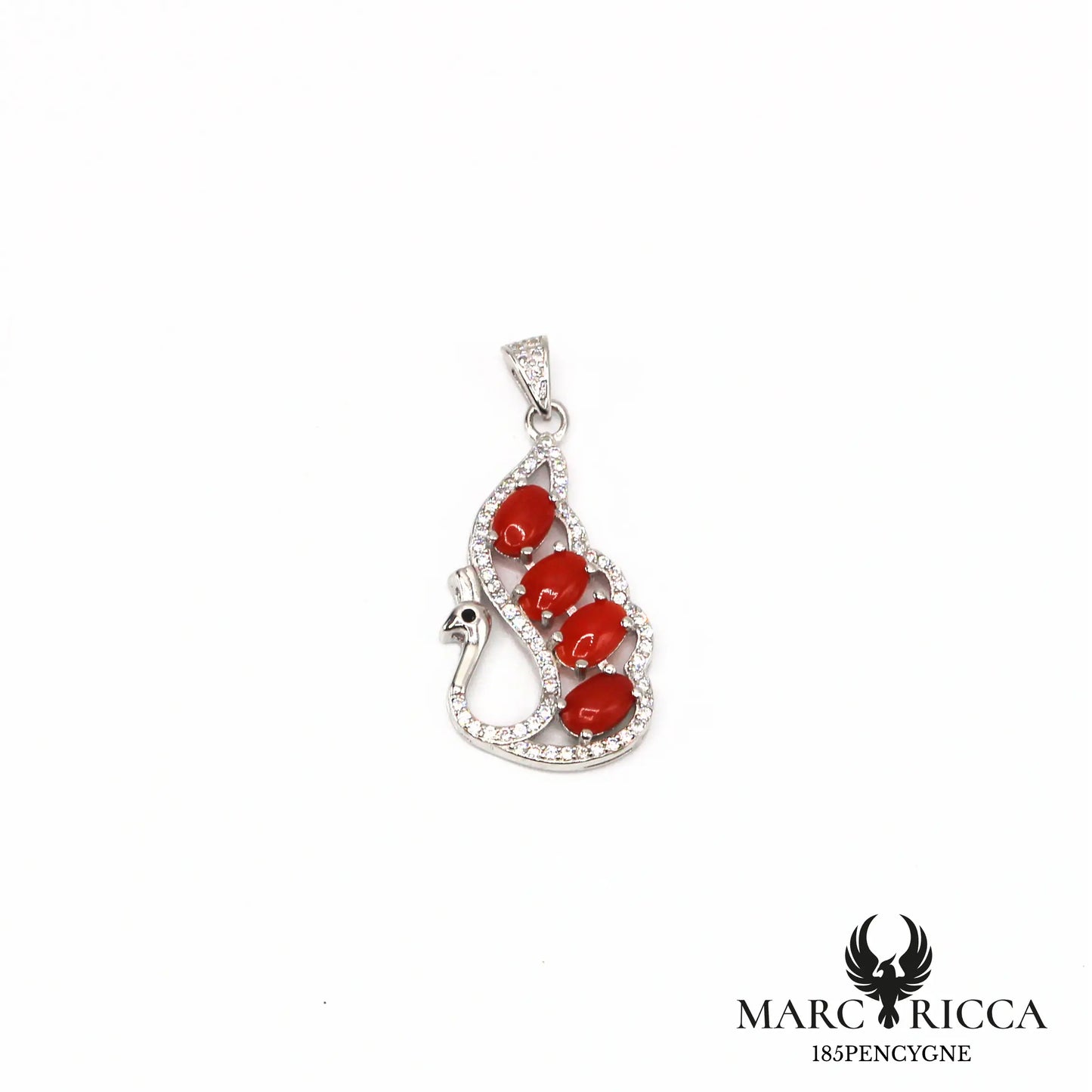 Pendentif cygne en argent avec cabochons en corail