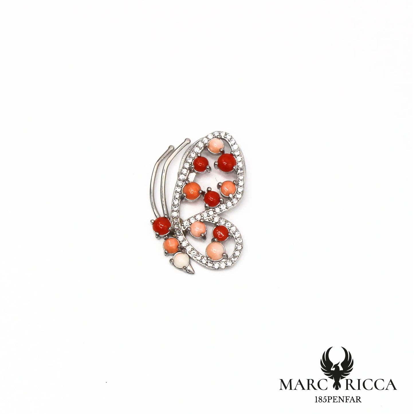 Pendentif papillon perles de corail avec zirconium en argent