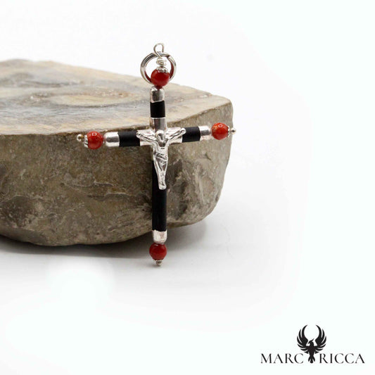 Pendentif Argent Croix Perles de Corail & Christ
