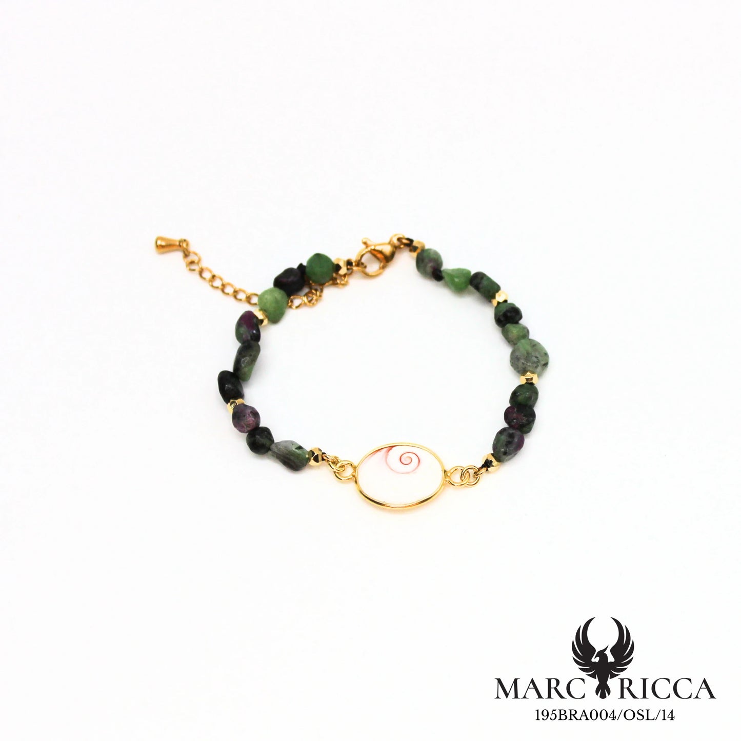 Bracelet perles de verre et œil de Sainte Lucie en acier doré