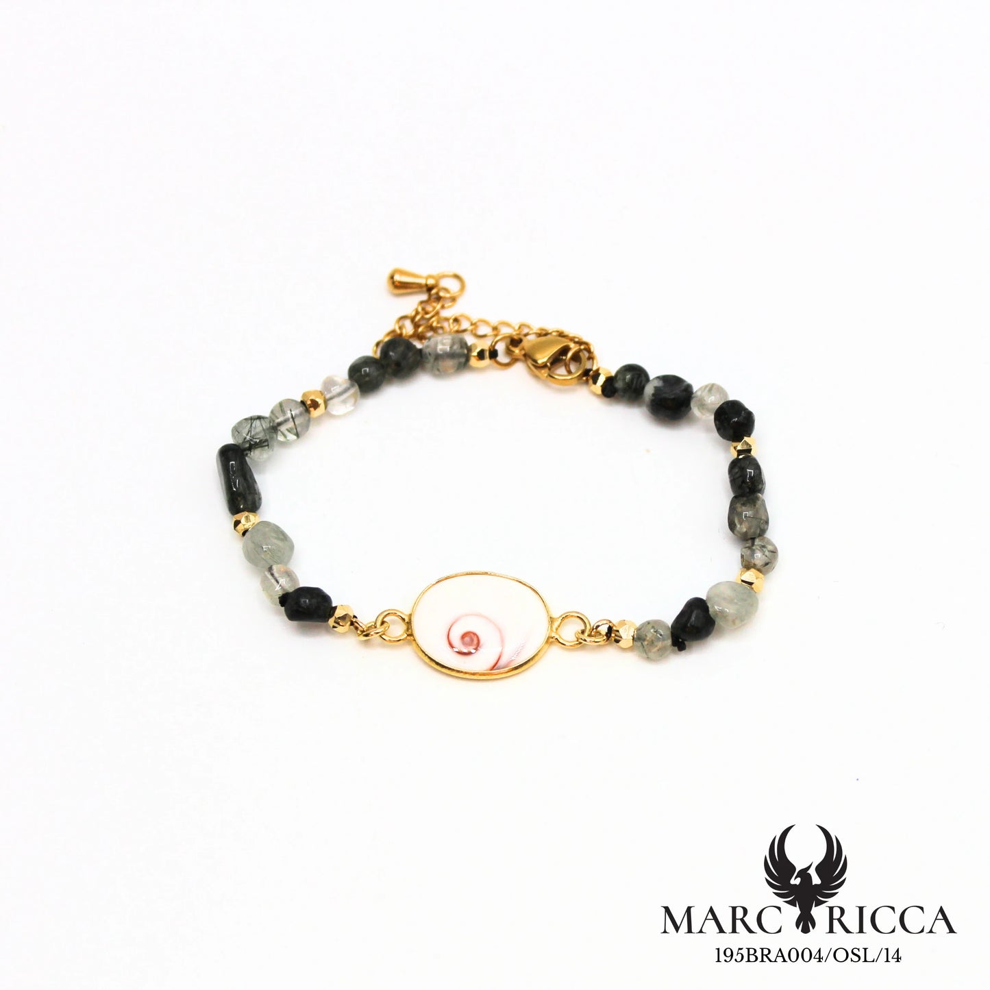 Bracelet perles de verre et œil de Sainte Lucie en acier doré