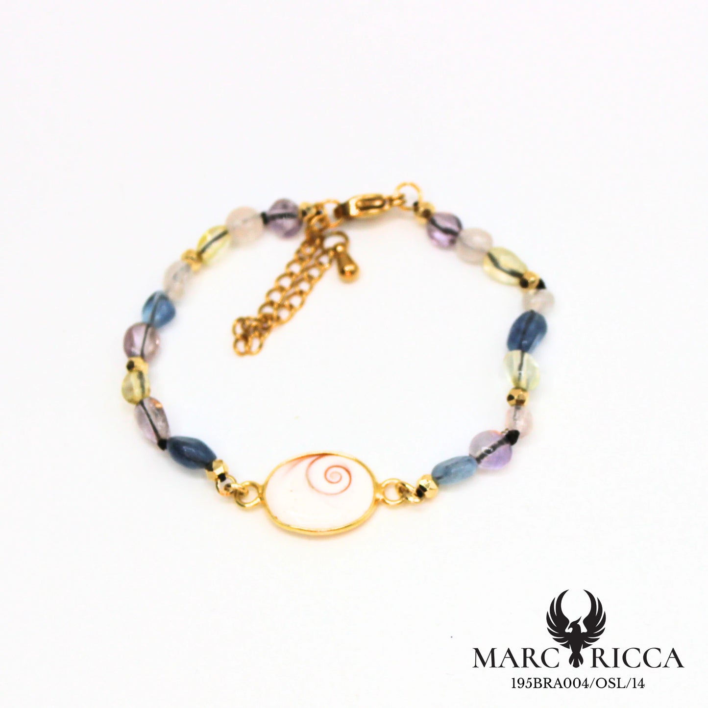 Bracelet perles de verre et œil de Sainte Lucie en acier doré