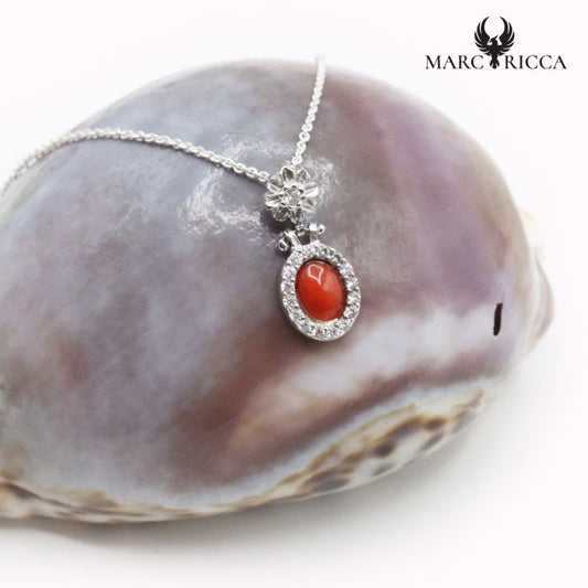 Pendentif Argent Ovale Corail & Strass