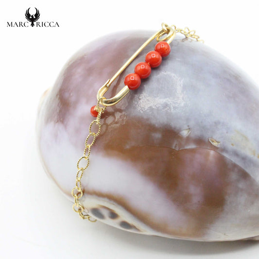 Bracelet Argent 4 Boules Corail Epingle à Nourrice Chainette Vermeil