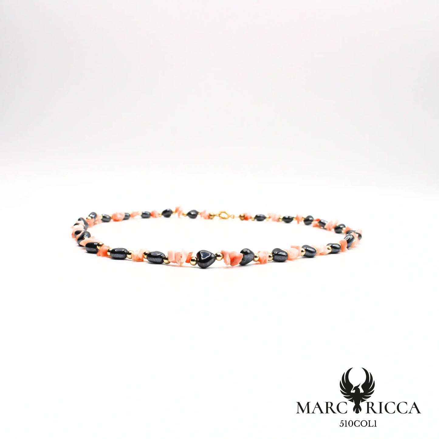 Collier corail rose & cœurs en Hématite