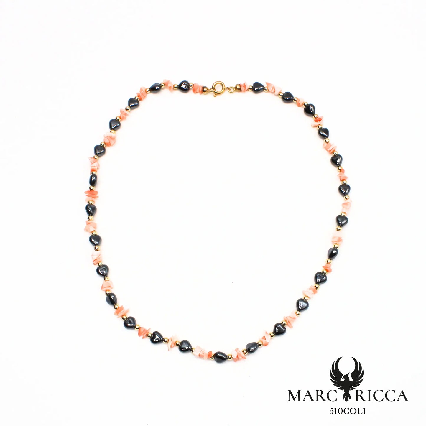 Collier corail rose & cœurs en Hématite