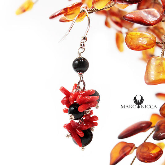 Boucles Argent Grappe Corail & Onyx