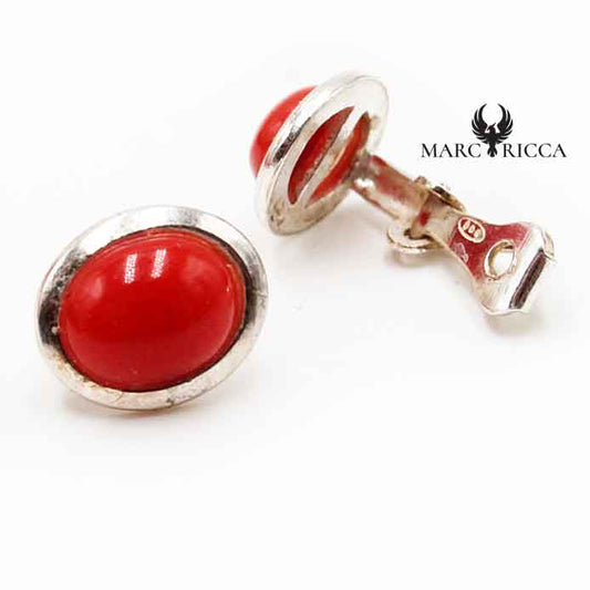 Boucles Argent Clip Cabochon Corail Ovale