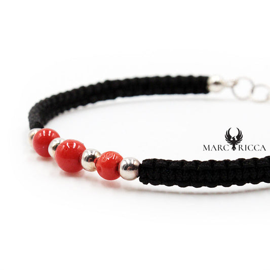 Bracelet Jonc Argent Corail Perles & Macramé