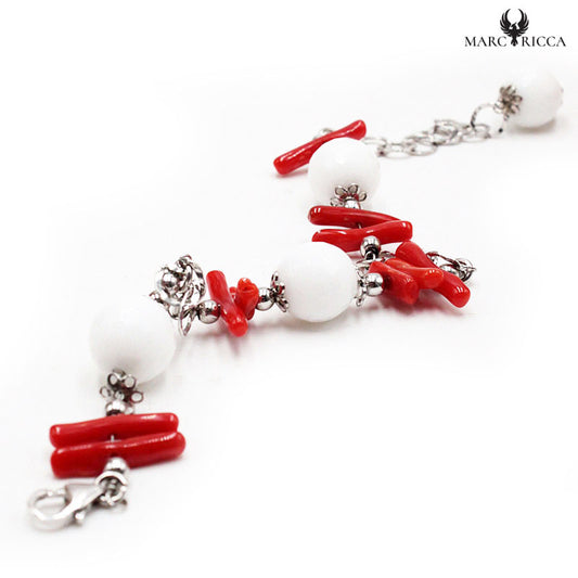 Bracelet Argent Corail Rouge et Agate Blanche