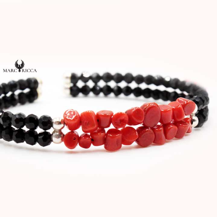 Bracelet Argent 2 Rangs Cristaux Noirs & Corail