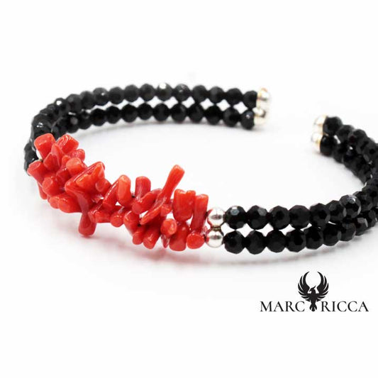 Bracelet Argent 2 Rangs Cristaux Noirs & Corail