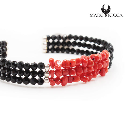 Bracelet Argent 3 Rangs Cristaux Noirs & Corail
