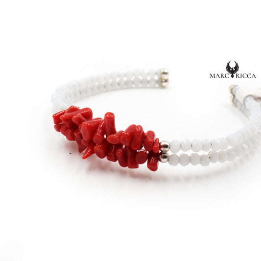 Bracelet Jonc Argent 2 Rangs Cristal Blanc & Corail