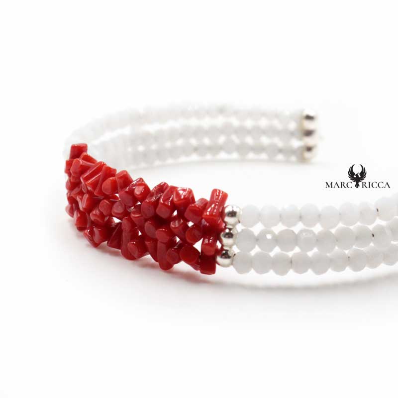 Bracelet Jonc Argent 3 Rangs Cristal Blanc & Corail