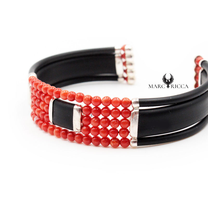 Bracelet Argent Caoutchouc 5 Rangs de Corail