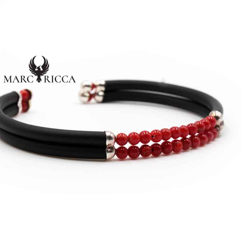 Bracelet Jonc Argent Caoutchouc 2 Rangs de Corail