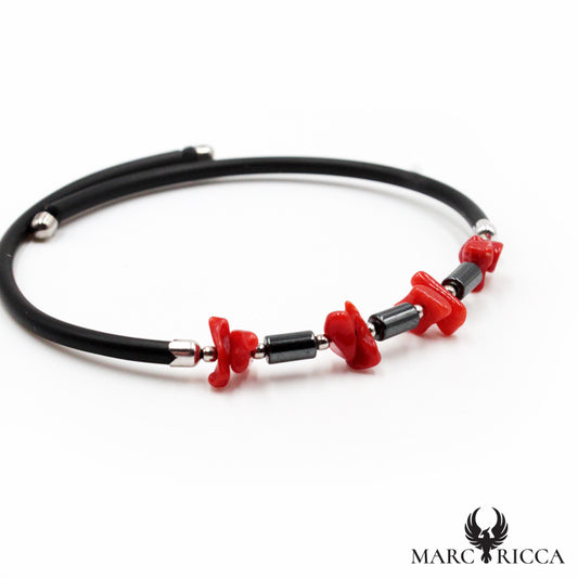 Bracelet Jonc Argent Caoutchouc Hématite & Corail