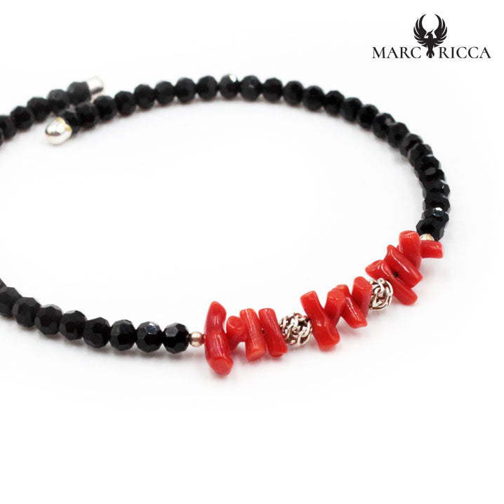 Bracelet Argent 1 Rangs Cristaux Noirs & Corail