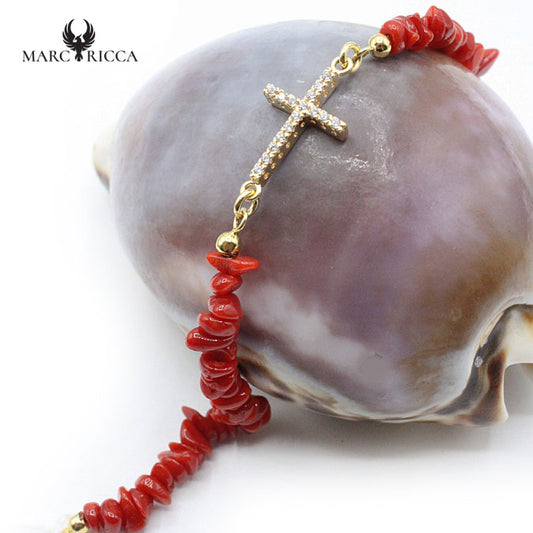 Bracelet Argent Corail Rouge et Croix Zirconium Vermeil