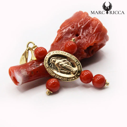 Pendentif Argent Croix en Corail avec Miraculeuse Vermeil