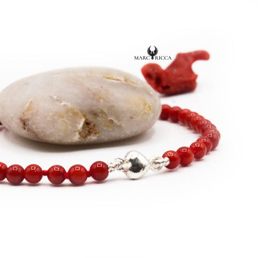 Bracelet Argent Cœur et Perles de Corail Rouge