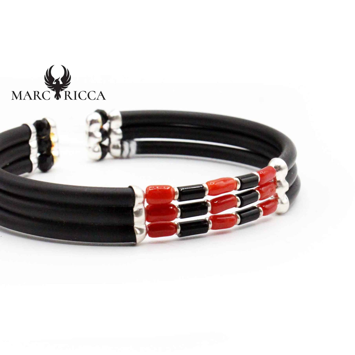 Bracelet Argent Caoutchouc 3 Rangs Tubes de Corail