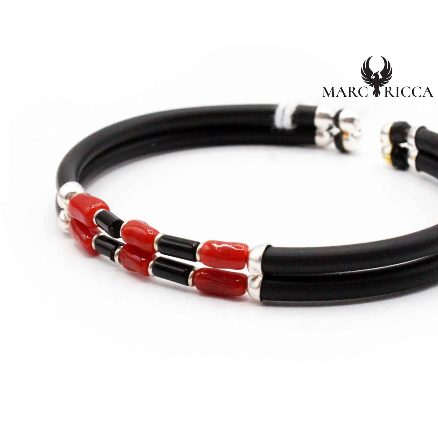 Bracelet Jonc Argent Caoutchouc 2 Rangs Tubes de Corail