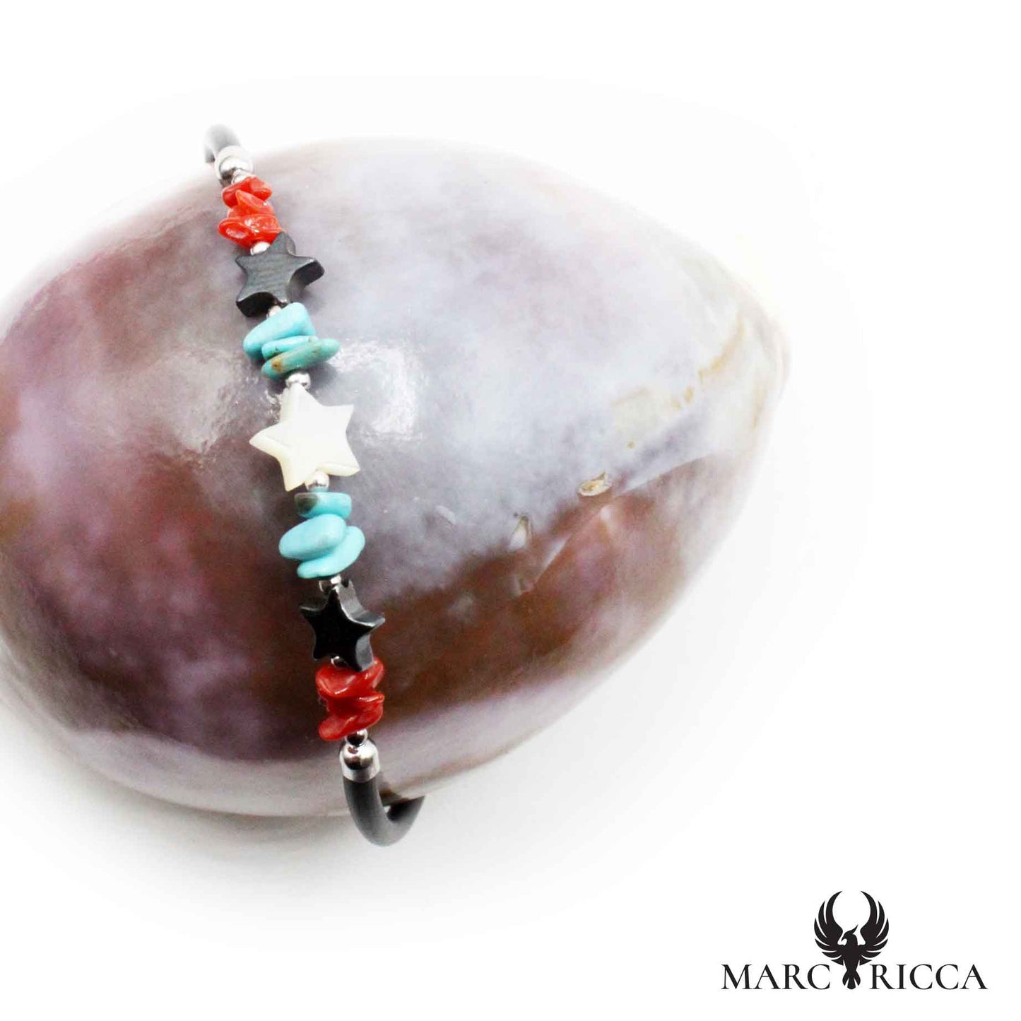Bracelet Argent Caoutchouc étoiles Turquoise & Corail