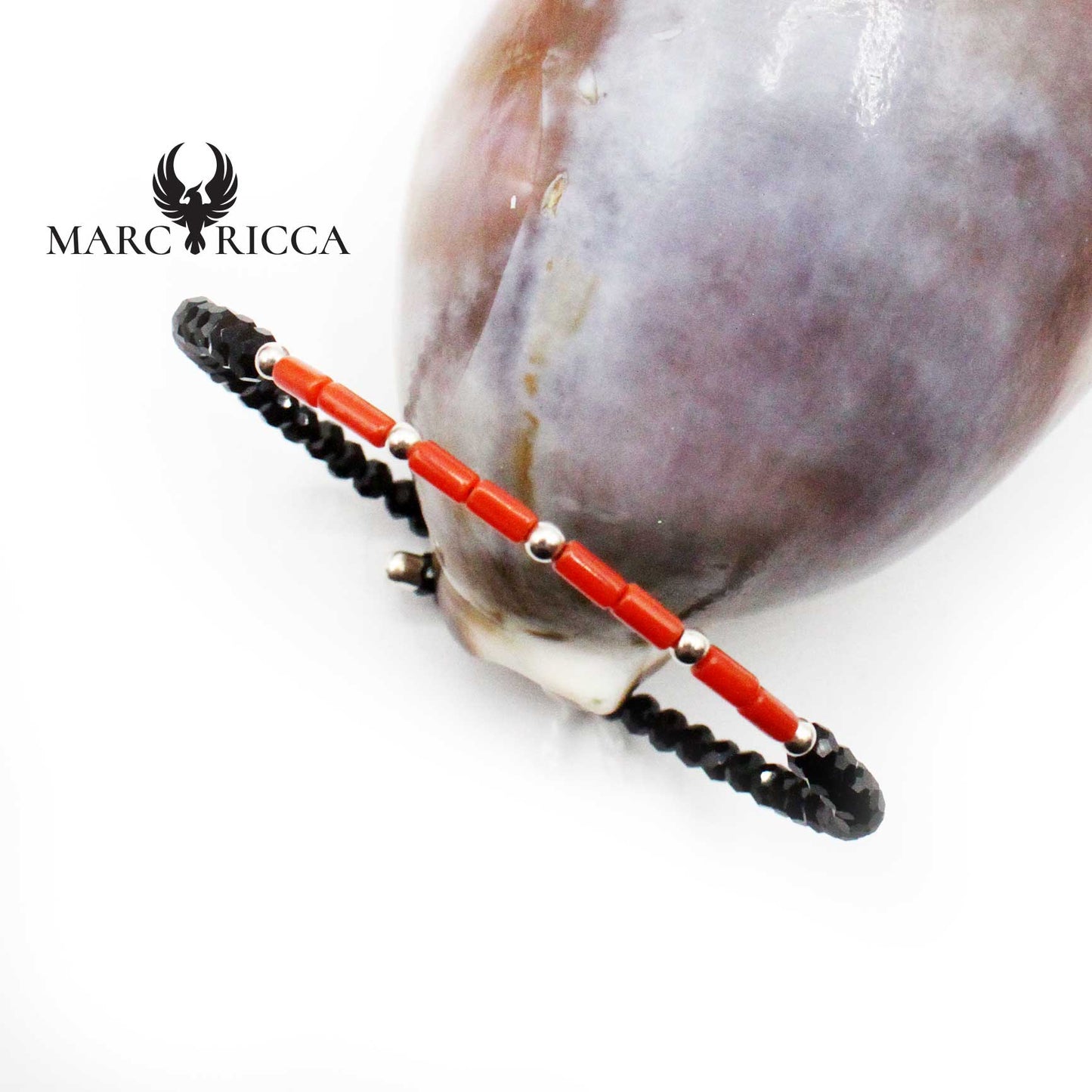 Bracelet Argent 1 Rang Cristaux Noirs & Tubes de Corail