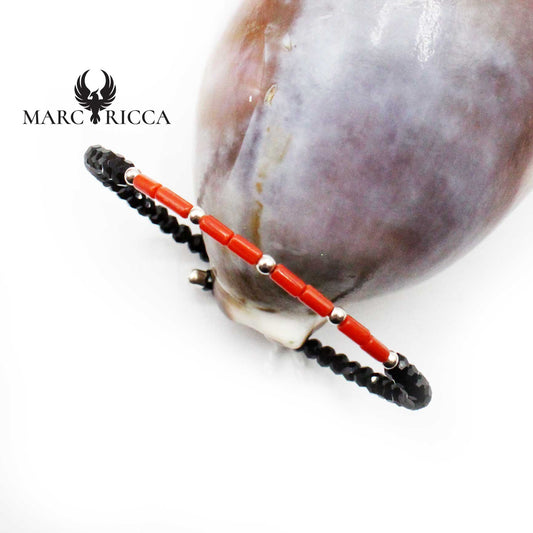 Bracelet Argent 1 Rang Cristaux Noirs & Tubes de Corail