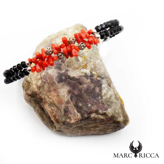 Bracelet Jonc Argent 2 Rangs Cristaux Noirs & Corail