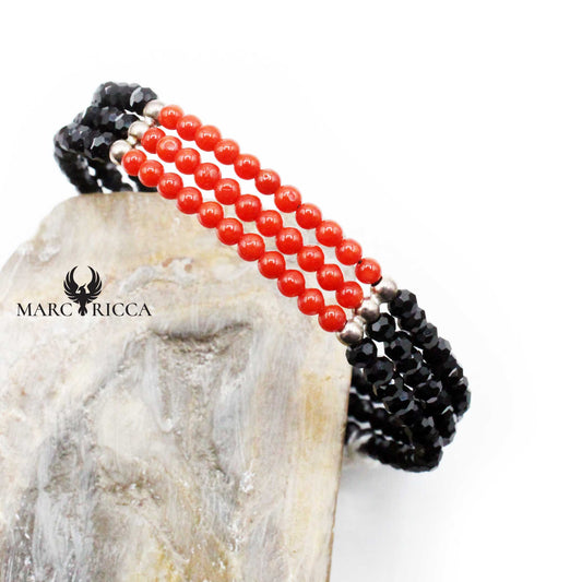 Bracelet Argent 3 Rangs Cristaux Noirs & Corail