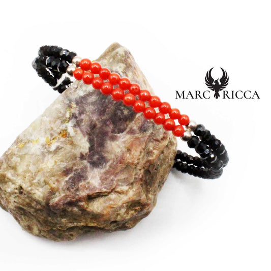 Bracelet Argent 2 Rangs Cristaux Noirs & Corail