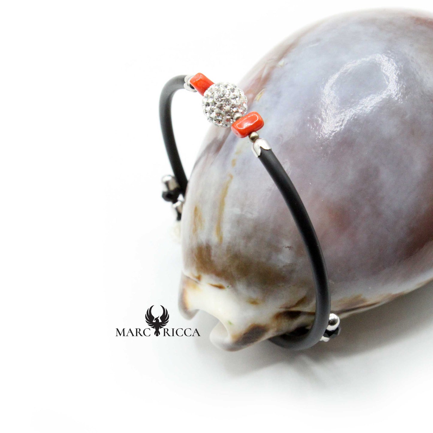 Bracelet Jonc Argent Caoutchouc Strass & Corail