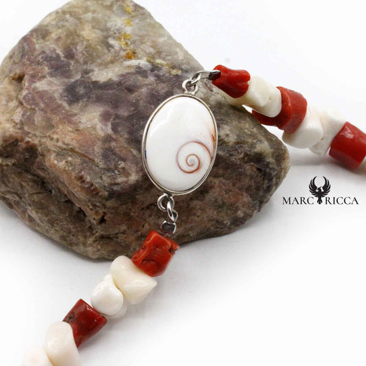 Bracelet Argent œil de St-Lucie & Corail Blanc et Rouge