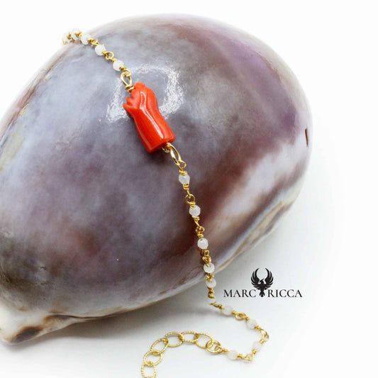 Bracelet Argent Chainette Main en Corail Vermeil