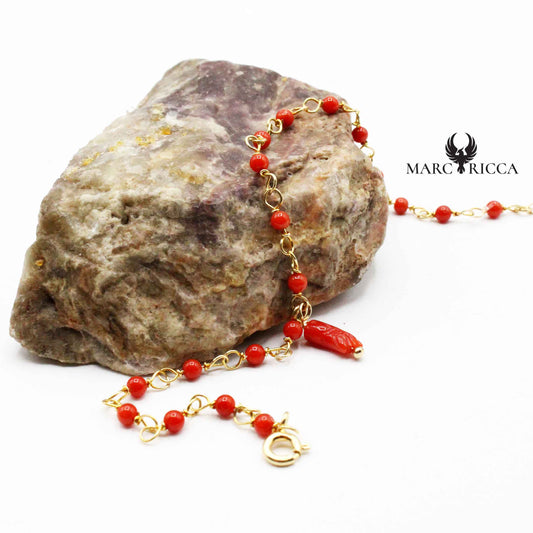 Bracelet Argent Chainette Main en Corail Rouge Vermeil