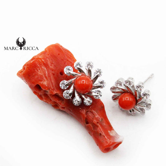 Boucles Fleur Zirconium & Perles de Corail